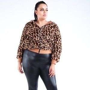 Plus Size Leopard Print Hooded Bomber Jacket